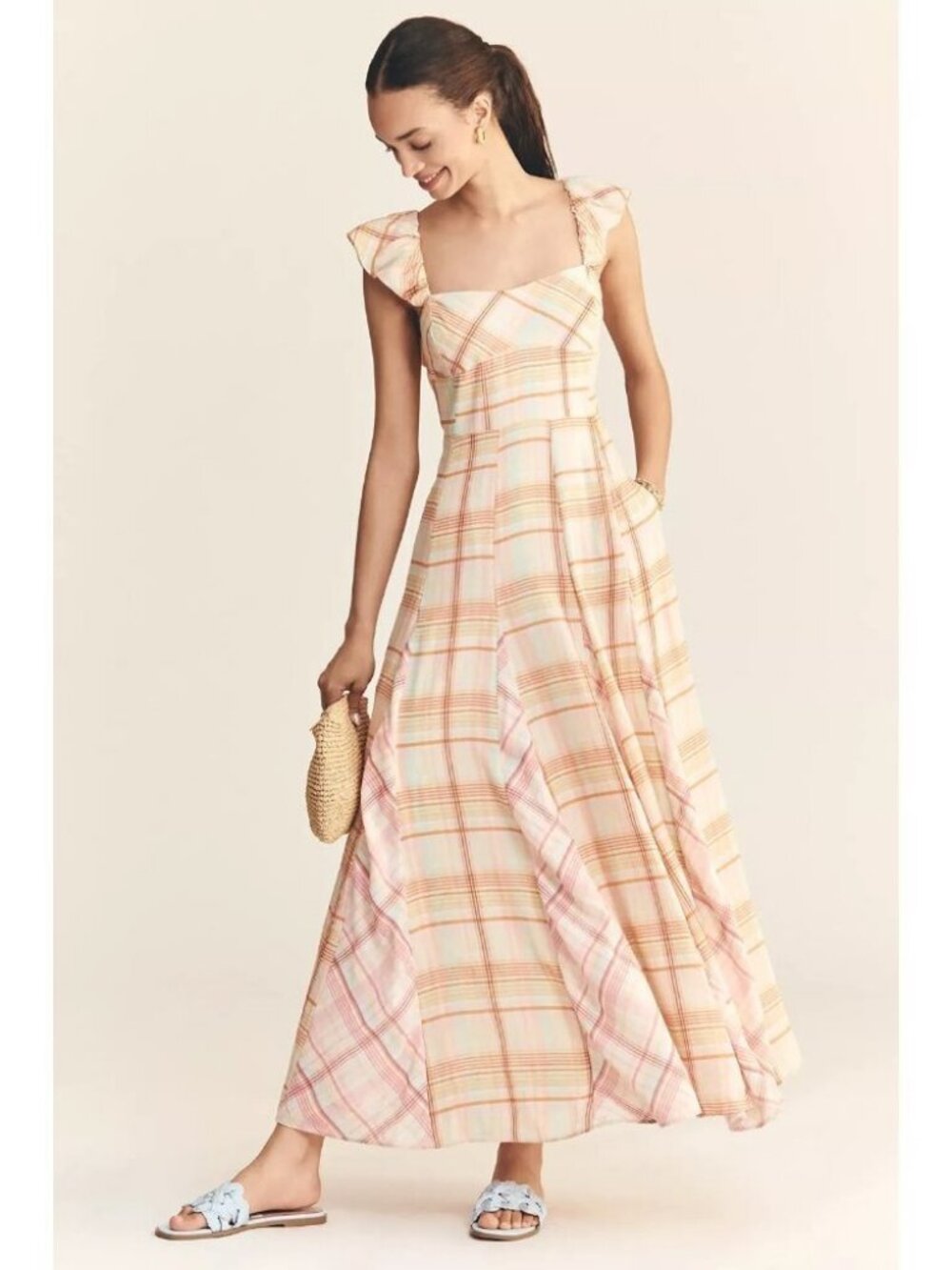 Maeve  Linen Blend Sleeveless Plaid Maxi Dress